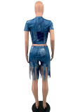 Blue Fashion Casual Print Tassel O Neck Short Sleeve Two Pieces