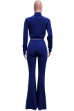 Deep Blue Fashion Street Solid Split Joint O Neck Long Sleeve Two Pieces