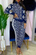 Blue Fashion Casual Print Patchwork Zipper Collar Long Sleeve Two Pieces