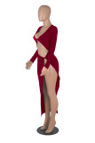 Red Fashion Sexy Solid Hollowed Out Slit V Neck Long Sleeve Dresses