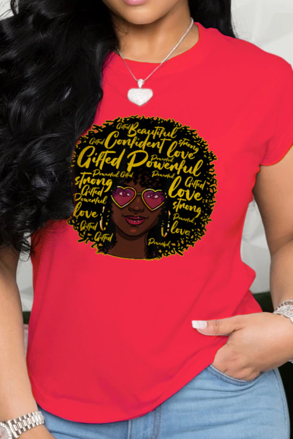 Red Fashion Print Patchwork O Neck T-Shirts