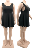 Black Casual Solid Split Joint O Neck Cake Skirt Plus Size Dresses