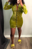 Green Fashion Sexy Solid Patchwork Turndown Collar One Step Skirt Dresses