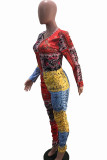 Multicolor Casual Print Patchwork O Neck Long Sleeve Two Pieces