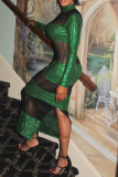 Green Sexy Patchwork Sequins Half A Turtleneck Pencil Skirt Dresses