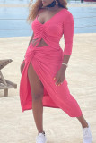Pink Fashion Sexy Solid Backless V Neck Long Sleeve Two Pieces pre-sale