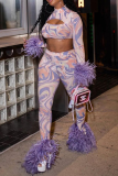 Purple Sexy Character Hollowed Out Half A Turtleneck Long Sleeve Two Pieces (There is no tassels）