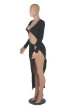 Red Fashion Sexy Solid Hollowed Out Slit V Neck Long Sleeve Dresses