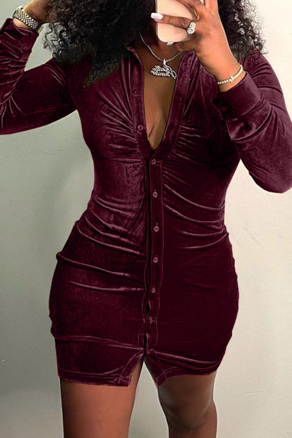 Burgundy Fashion Sexy Solid Patchwork Turndown Collar One Step Skirt Dresses