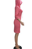 Pink Casual Striped Print Patchwork Hooded Collar Straight Dresses