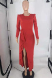 Red Fashion Elegant Solid Slit Without Belt O Neck Irregular Dresses (Without Belt)