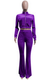 Purple Fashion Street Solid Split Joint O Neck Long Sleeve Two Pieces