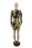 Black Fashion Casual Print Basic O Neck Long Sleeve Dresses