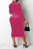 Red Sexy Solid Patchwork See-through Burn-out O Neck A Line Dresses