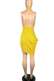 Red Sexy Solid Hollowed Out Patchwork Fold Asymmetrical Halter Evening Dress Dresses