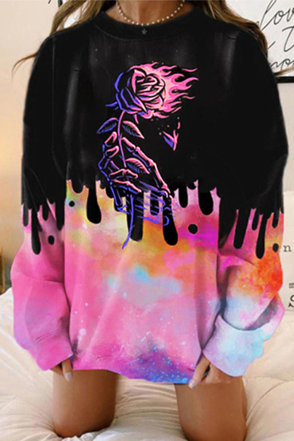 Black Pink Casual Print Patchwork O Neck Tops