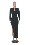 Red Fashion Sexy Solid Hollowed Out Slit V Neck Long Sleeve Dresses