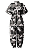 Black Gray Casual Print Patchwork Buckle Turndown Collar Loose Jumpsuits