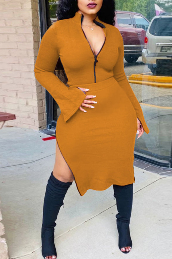 Ginger Sexy Solid Slit Asymmetrical Zipper Collar Long Sleeve Two Pieces