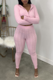 Pink Casual Solid Patchwork Zipper Collar Long Sleeve Two Pieces