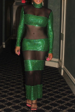 Green Sexy Patchwork Sequins Half A Turtleneck Pencil Skirt Dresses