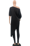 Red Fashion Casual Solid Patchwork Oblique Collar Half Sleeve Two Pieces