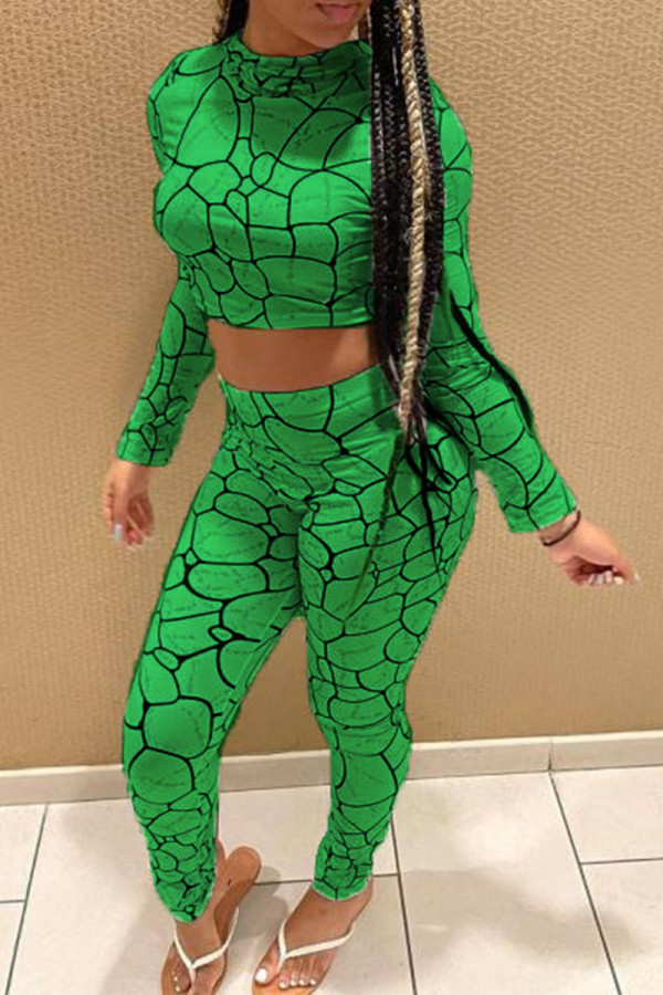 Green Casual Print Patchwork O Neck Long Sleeve Two Pieces