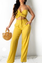 Yellow Casual Solid Split Joint Frenulum Halter Sleeveless Two Pieces