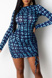 Light Pink Sexy Print Patchwork Draw String Fold O Neck Pencil Skirt Dresses
