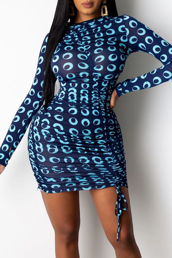 Blue Sexy Print Patchwork Draw String Fold O Neck Pencil Skirt Dresses
