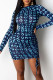 Blue Sexy Print Patchwork Draw String Fold O Neck Pencil Skirt Dresses