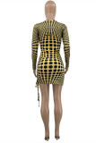 Yellow Fashion Sexy Dot Print Bandage O Neck Long Sleeve Two Pieces