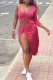 Rose Red Sexy Solid Patchwork Draw String Fold Asymmetrical Long Sleeve Two Pieces