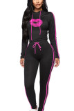 rose red Sportswear Print Hooded Collar Long Sleeve Regular Sleeve Regular Two Pieces