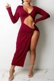 Red Fashion Sexy Solid Hollowed Out Slit V Neck Long Sleeve Dresses