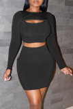Orange Sexy Solid Hollowed Out Patchwork O Neck Long Sleeve Two Pieces