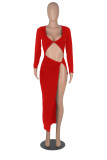Red Fashion Sexy Solid Hollowed Out Slit V Neck Long Sleeve Dresses