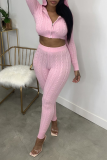 Pink Casual Solid Patchwork Zipper Collar Long Sleeve Two Pieces