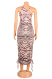 Brown Sexy Print Split Joint Strapless Pencil Skirt Dresses