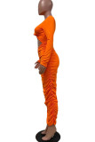 Orange Fashion Casual Solid Hollowed Out Fold O Neck Long Sleeve Dresses