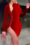 Red Sexy Solid Patchwork Zipper Zipper Collar One Step Skirt Dresses