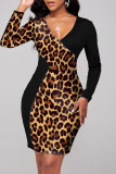 Black Sexy Print Leopard Hollowed Out Patchwork V Neck A Line Dresses