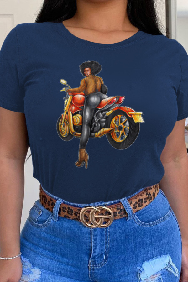 Navy Blue Street Daily Character Patchwork O Neck T-Shirts