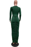 Green Fashion Casual Solid Hollowed Out Fold O Neck Long Sleeve Dresses