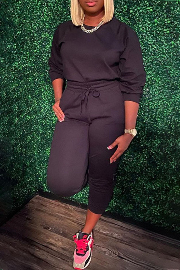 Black Fashion Casual Solid Patchwork O Neck Long Sleeve Two Pieces