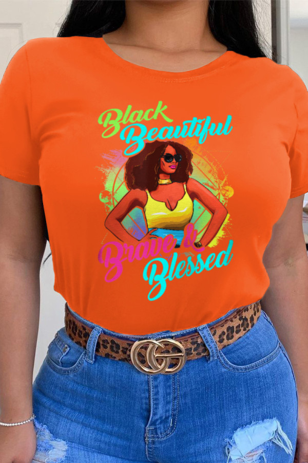 Orange Casual Street Print Patchwork O Neck T-Shirts