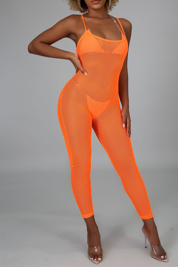 Orange Sexy Solid Mesh Spaghetti Strap Skinny Jumpsuits