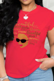 Red Fashion Casual Patchwork Letter O Neck T-Shirts