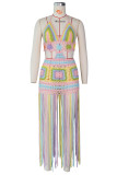 Pink Fashion Sexy Patchwork Tassel Hollowed Out Backless Swimwears Beach Dress
