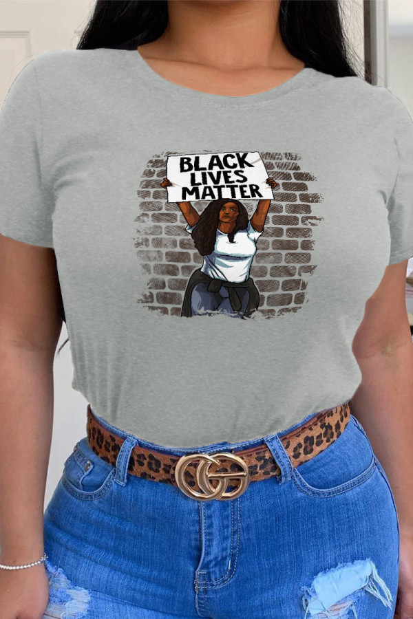 Grey Casual Daily Character Patchwork O Neck T-Shirts
